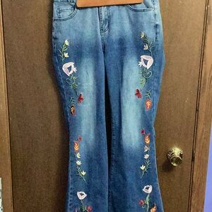Embroidered Flare Jeans in Blue with Floral Detail